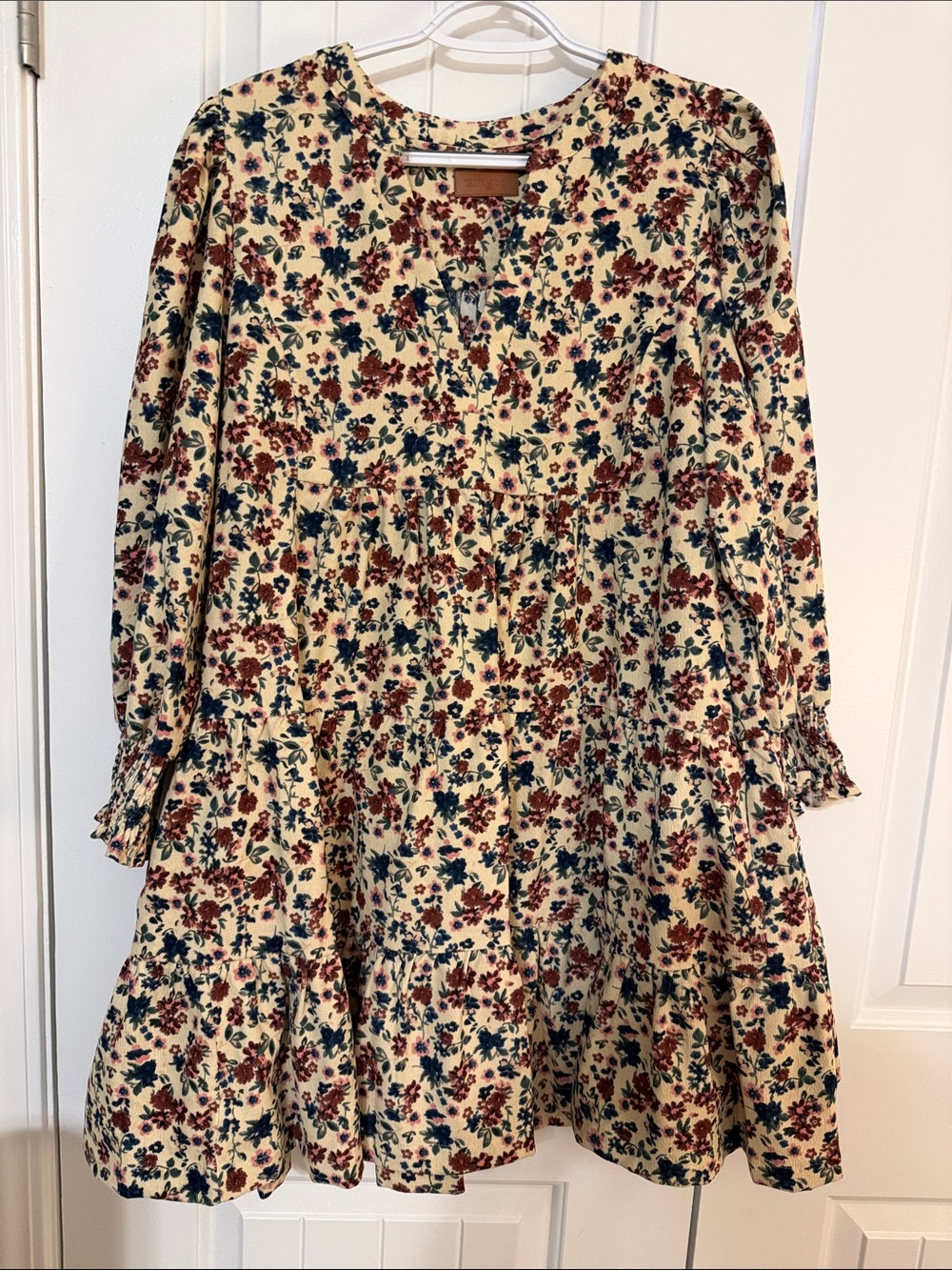 Umgee Cream Floral Tiered Long-Sleeve Dress with Rust & Teal Accents